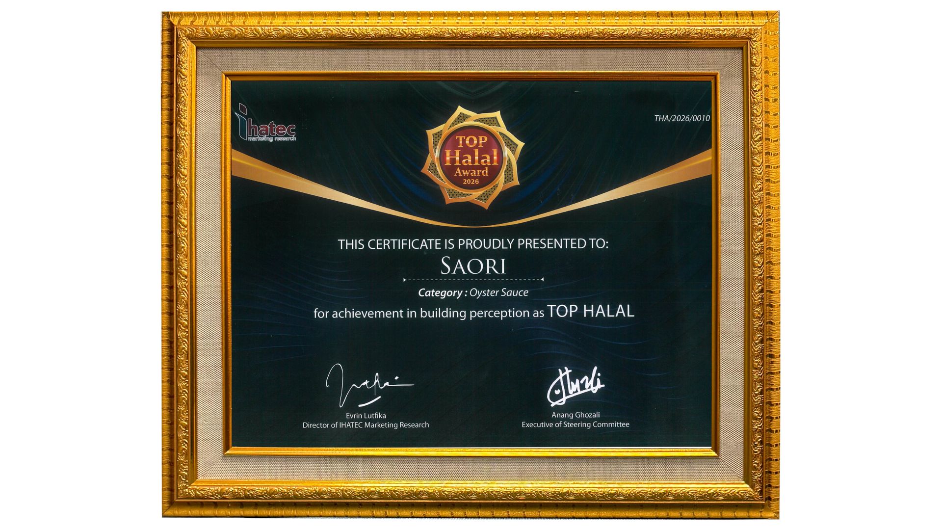 Certicicate of Top Halal Award 2026_SAORI®️ category Oyster Souce